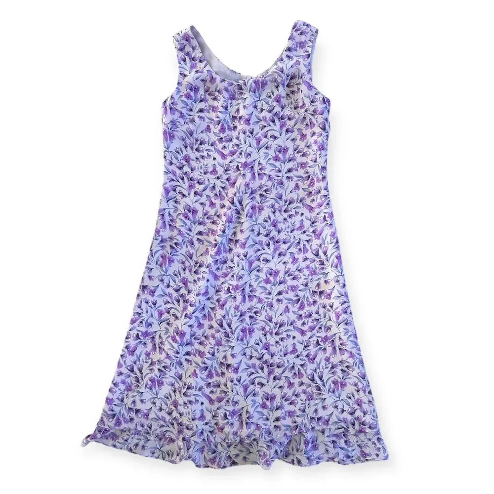 Vintage 90s Y2K Bahari Sleeveless Midi Layered Slip Dress Purple Floral 4 Petite - Picture 3 of 7